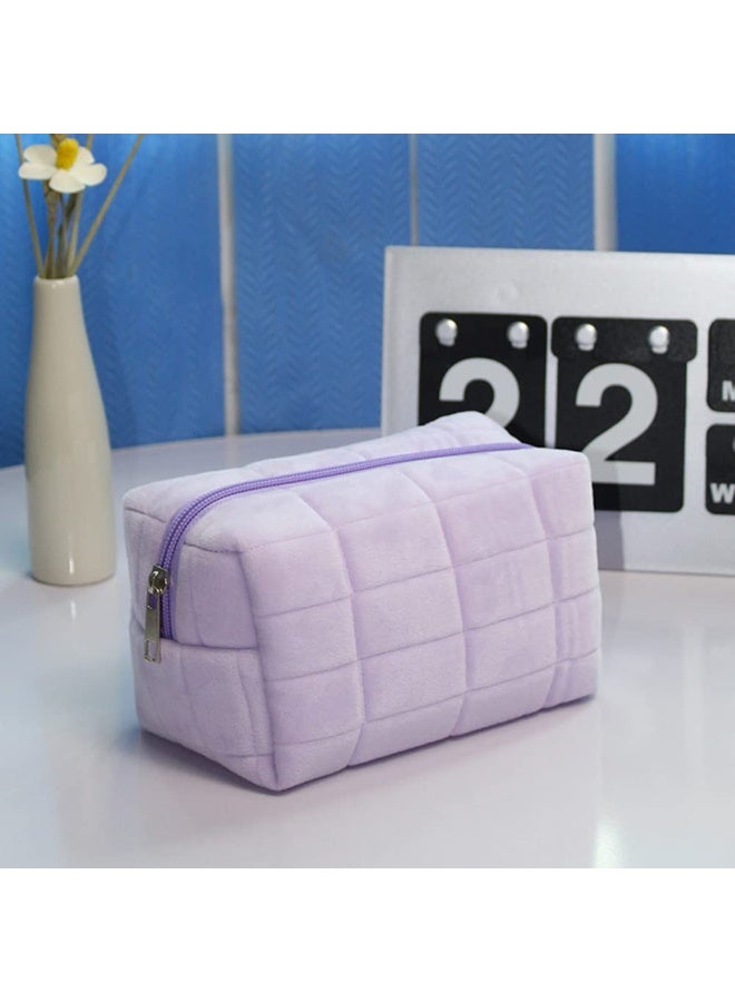 JUMEI Plush Makeup Bag, Cosmetic Bag for Women, Zipper Large Solid Color Travel Toiletry Bag, Travel Makeup Toiletry Washing Pouch (Purple) - Image 1